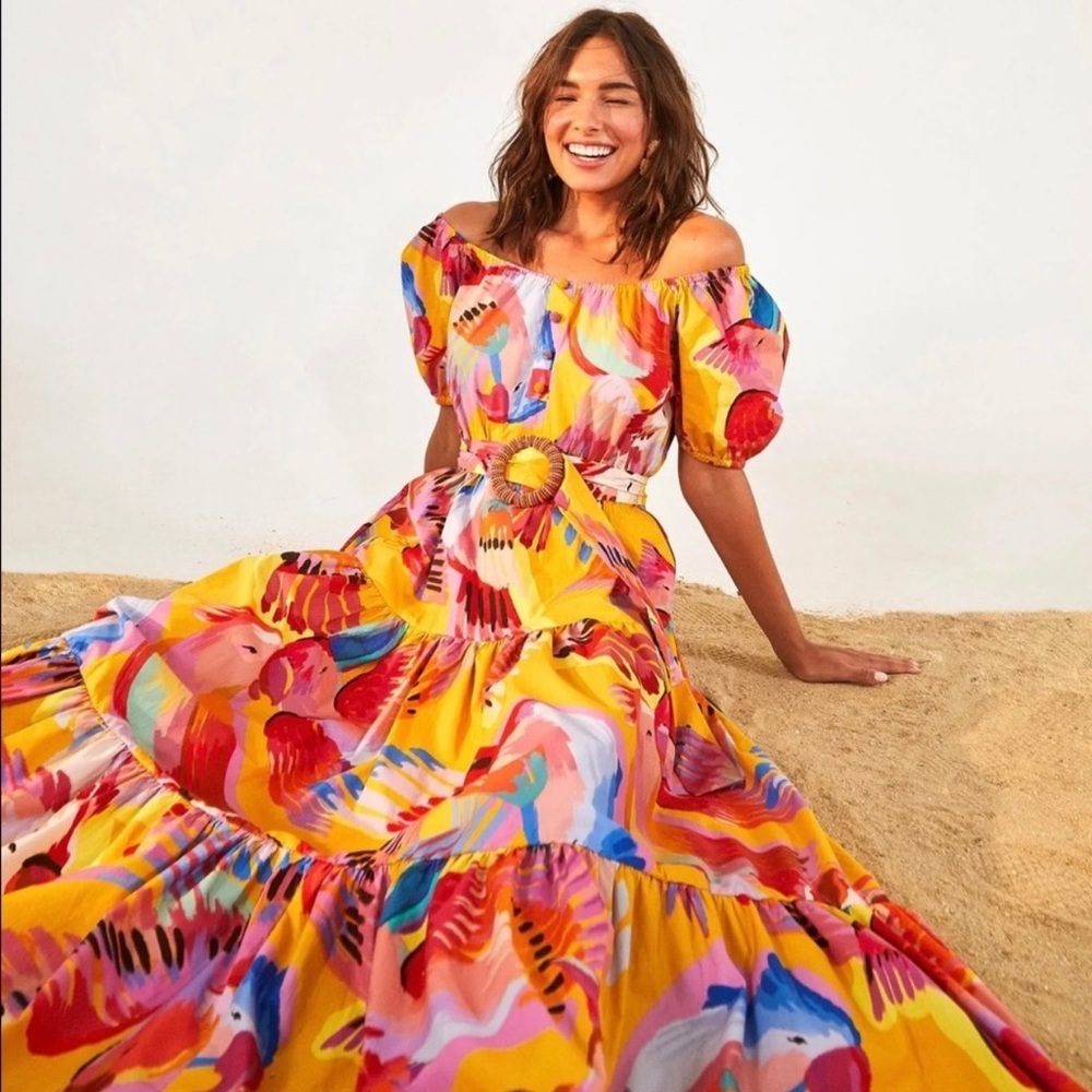 NWT farm rio Macaws neon maxi dress sz XS
